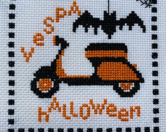 Finished completed cross stitch piece, Vespa Halloween