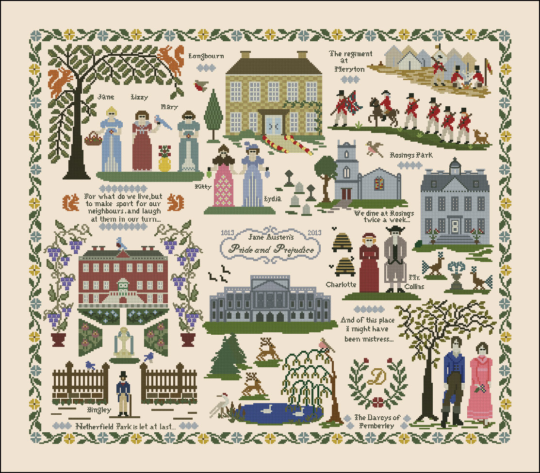 Sampler Pride and prejudice cross stitch chart PDF pattern