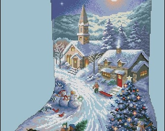 Paseo en trineo al anochecer Calcetín navideño Gráfico de punto de cruz Patrón digital PDF