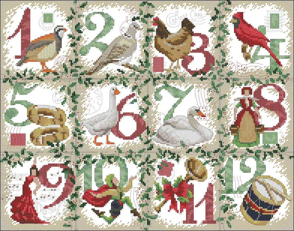 12 Days of Christmas Cross Stitch Chart Pattern PDF Digital Pattern