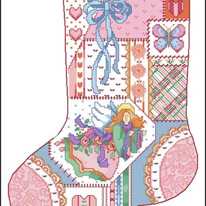 May include: A pink and white patchwork Christmas stocking with a blue bow, a butterfly, and an angel with wings. The stocking has a heart at the bottom and the alphabet is printed at the bottom.