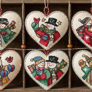 6 Weihnachts-Schneemann-Herzornamente Kreuzstichmuster PDF digitales Muster
