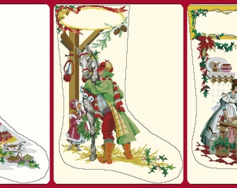 Lot of 3 Victorian Christmas stockings Cross stitch chart PDF digital pattern Christmas tradition
