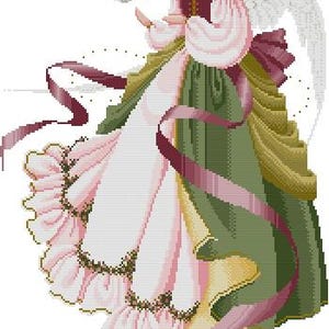 May include: A digital illustration of an angel in a flowing gown. The angel is dressed in a burgundy bodice, a green skirt, and a pink and white dress. She holds a white dove, with a halo above her head and white wings.