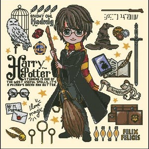May include: A cross-stitch design featuring Harry Potter holding a broom, surrounded by iconic imagery. Includes Hedwig the owl, the Sorting Hat, a wand, and the text "Harry Potter". The color palette is primarily brown, black, and gold.