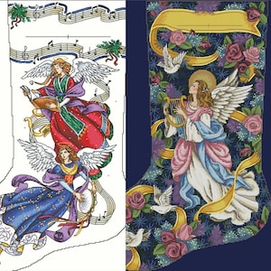 May include: A Christmas stocking with a blue background featuring two angels playing musical instruments. The angel on the left is holding a book and the angel on the right is playing a harp. The stocking is decorated with roses, doves, and gold ribbons.