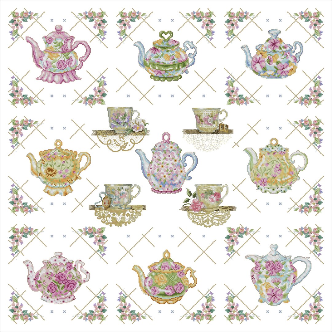 Tea Cups Sampler Cross Stitch Chart PDF Digital Patter - Etsy