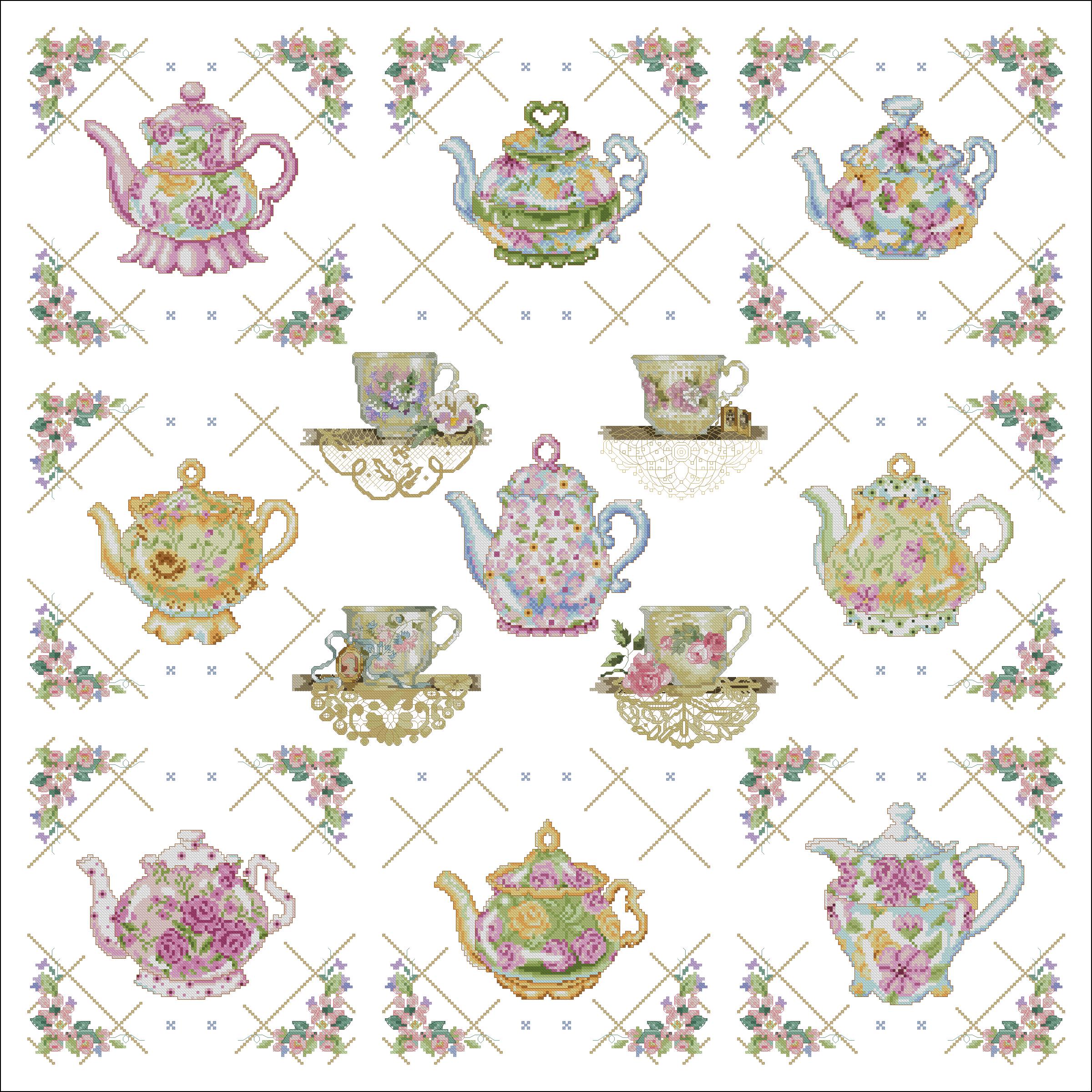 Tea Cups Sampler Cross Stitch Chart PDF Digital Patter - Etsy