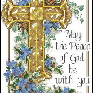 Puede incluir: Un patrón de punto de cruz con una gran cruz dorada ornamentada decorada con flores azules y hojas verdes. El texto "May the Peace of God be with you" está escrito en una fuente negra en el lado derecho, todo dentro de un borde fino.