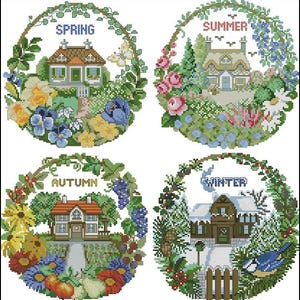 May include: Four cross-stitch embroidery designs depicting the four seasons. Each design features a cottage with a wreath of flowers and greenery surrounding it. The seasons are labelled "Spring", "Summer", "Autumn", and "Winter".