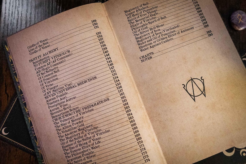 K&ouml;nnte beinhalten: Ein aufgeschlagenes Buch mit gealterten, beigefarbenen Seiten, das ein Inhaltsverzeichnis f&uuml;r Teil IV Alchemie zeigt. Der Text listet verschiedene alchemistische Themen und Seitenzahlen auf. Ein schwarzes Kreissymbol ist rechts abgebildet.
