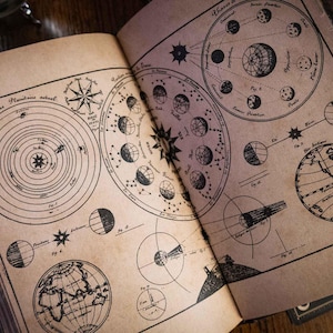 K&ouml;nnte beinhalten: Ein aufgeschlagenes Buch mit gealterten, beigefarbenen Seiten, das schwarze Tuschezeichnungen astronomischer Diagramme zeigt, darunter Planetenbahnen, Mondphasen und Globen. Der Text enth&auml;lt Beschriftungen wie 'Syst&egrave;me Plan&eacute;taire actuel' und verschiedene Abbildungsnummern.
