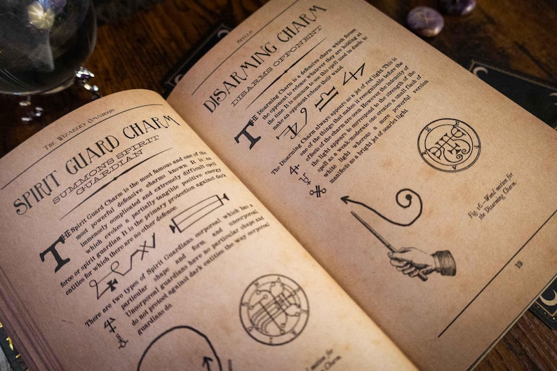 K&ouml;nnte beinhalten: Ein aufgeschlagenes Buch mit gealterten, beigefarbenen Seiten, die mit schwarzem Text und Illustrationen bedruckt sind. Die linke Seite ist mit Spirit Guard Charm und die rechte mit Disarming Charm betitelt. Beide Seiten enthalten detaillierte Beschreibungen, magische Symbole und Diagramme.