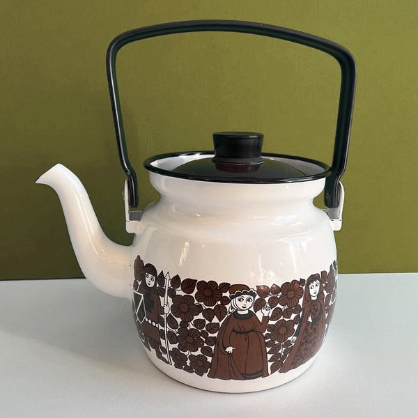 Mid Century Arabia Finel Ritari kettle, brown & white, Raija Uosikkinen, Kaj Franck