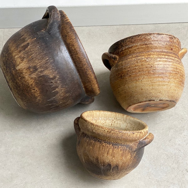 Set of 3 Mid Century brown ceramic planters / flower pots