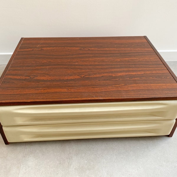 Mid Century rosewood cabinet with 2 beige plastic drawers