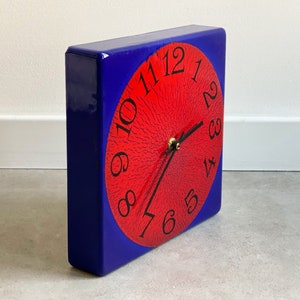 Scandinavian enamel clock, Mid Century square wall clock, blue and red