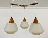 Vintage teak with glass shades pendant, Mid Century chandelier, Opaline glass, 1950s 1960s hanging lamp, Lighting