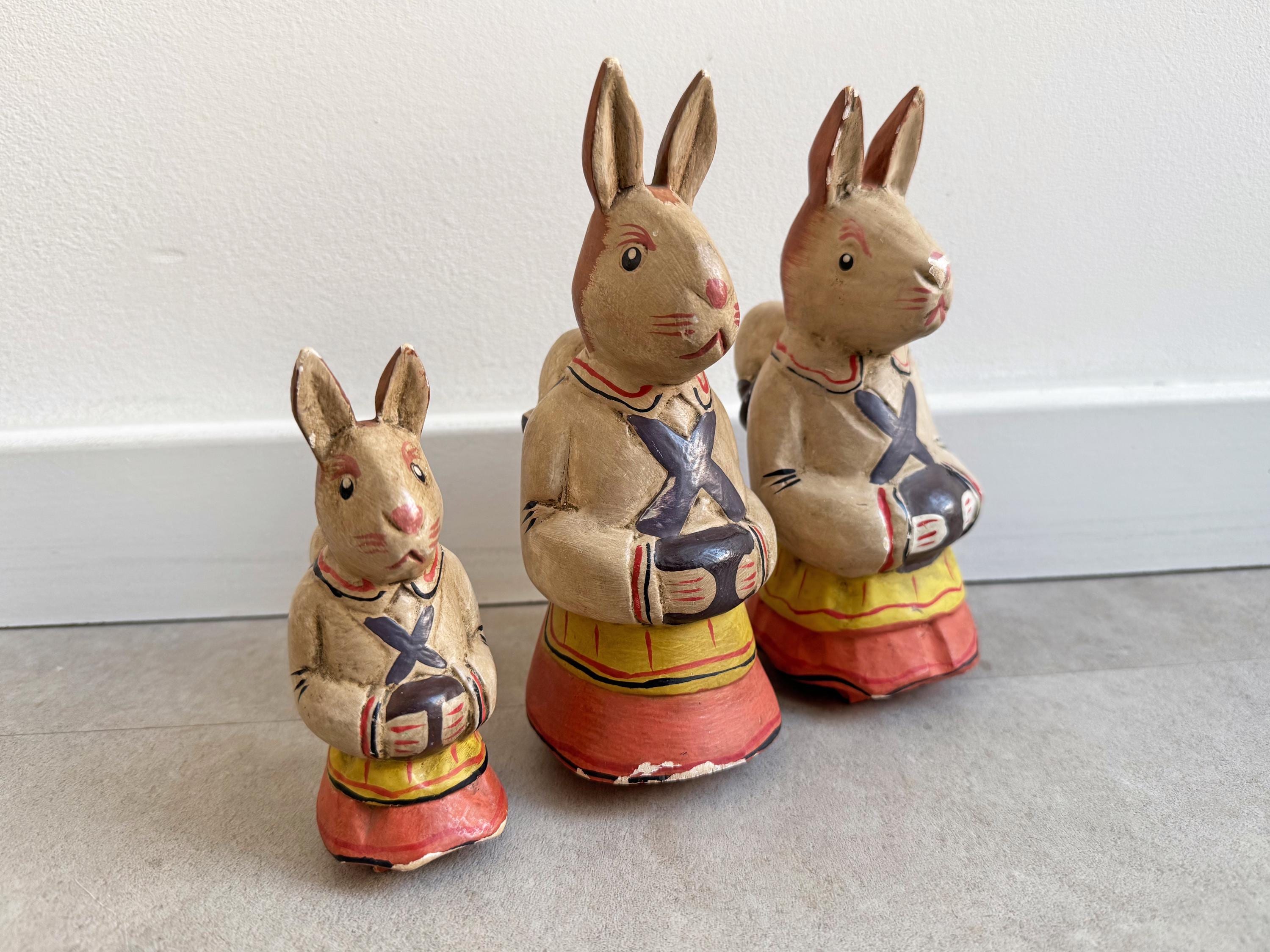 Set of 3 vintage carved wooden Easter bunnies