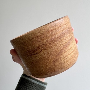 May include: A brown ceramic bowl with a speckled texture and a slightly angled rim. The bowl is held in a hand, showcasing its shape and color. The exterior has a warm, earthy tone, suggesting a handmade or rustic aesthetic.