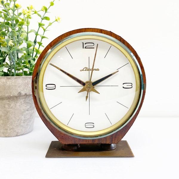 Mid Century Teak & Brass Lizana Clock, Vintage electric table clock