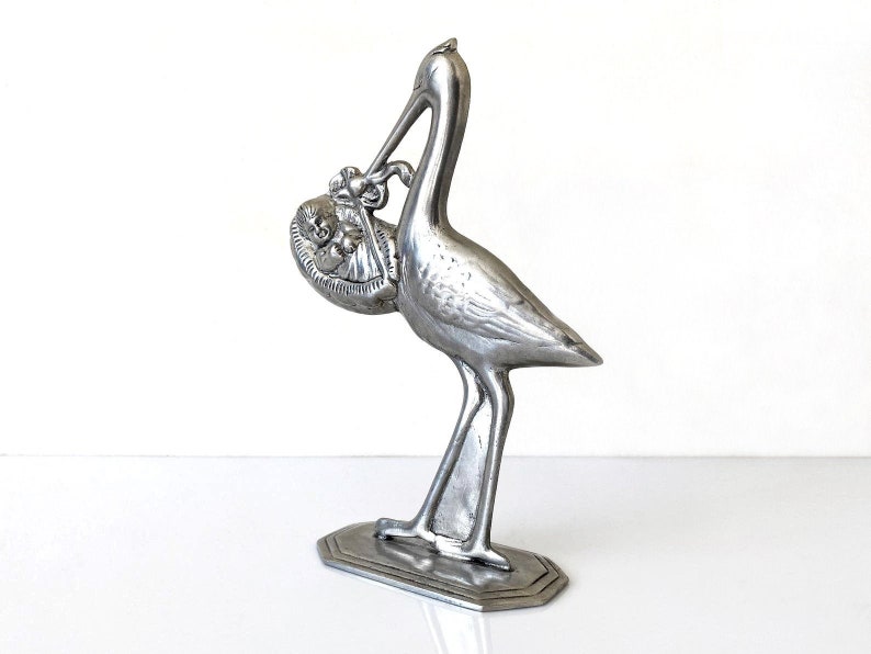 Vintage Silver-plated Stork with baby Statue Figurine Baby gift