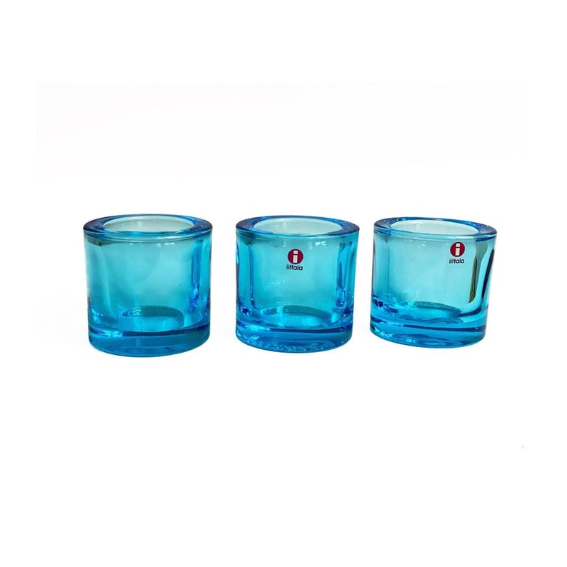 Set of 3 Light Blue Kivi Iittala Marimekko Kivi Tealight Holders, Scandinavian Design, Finland, Glass Candle Holder, Votive image 1