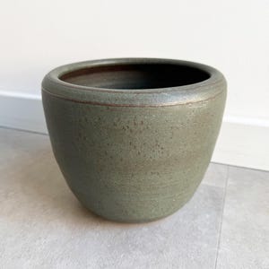 May include: A green ceramic planter with a textured surface. The planter has a rounded shape and a wide opening.