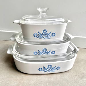 Set med 3 vintage Corning Ware grytor med lock - Blå blåklint - USA