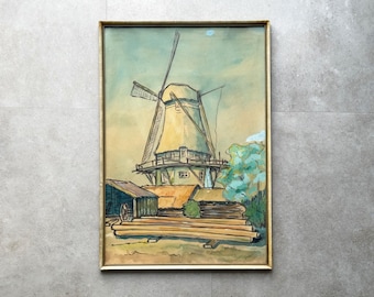 ヴィンテージの額入りサイン入り風景画（水車小屋） - Etsy 日本