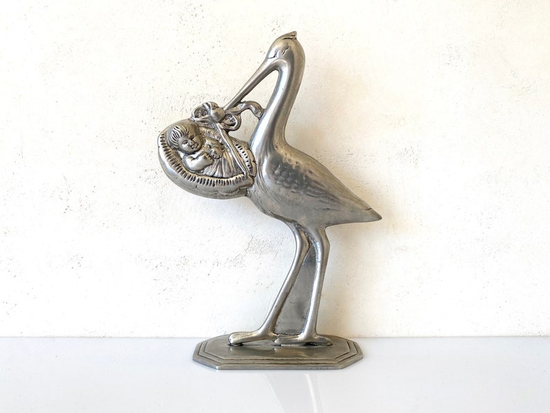 Vintage Silver-plated Stork with baby Statue Figurine Baby gift