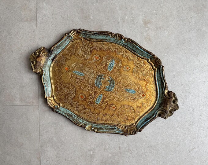 Vintage Florentine Light Blue & Gold Tray - Etsy