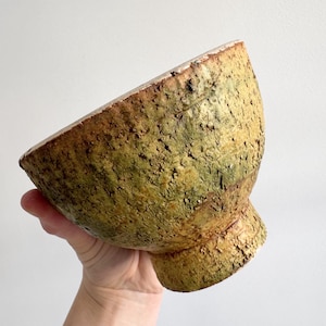 Puede incluir: Un cuenco artesanal con una textura única y una estética orgánica. El cuenco presenta una superficie rugosa y terrosa con tonos verdes y marrones. Tiene una base y una amplia abertura, ideal para servir o exhibir.