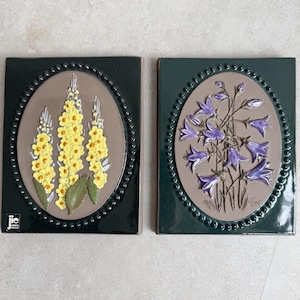 SOLD - Set of 2 Jie Gantofta ceramic wall tiles with flowers from Sweden