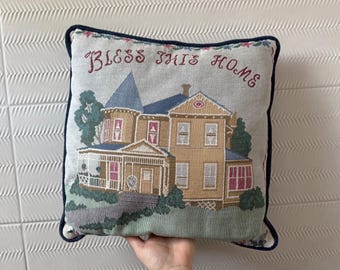 Cottage core tapestry "bless this home" pillow - Victorian house