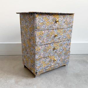 Kleine vintage stoffen ladekast, oranje en geel, opbergdoos