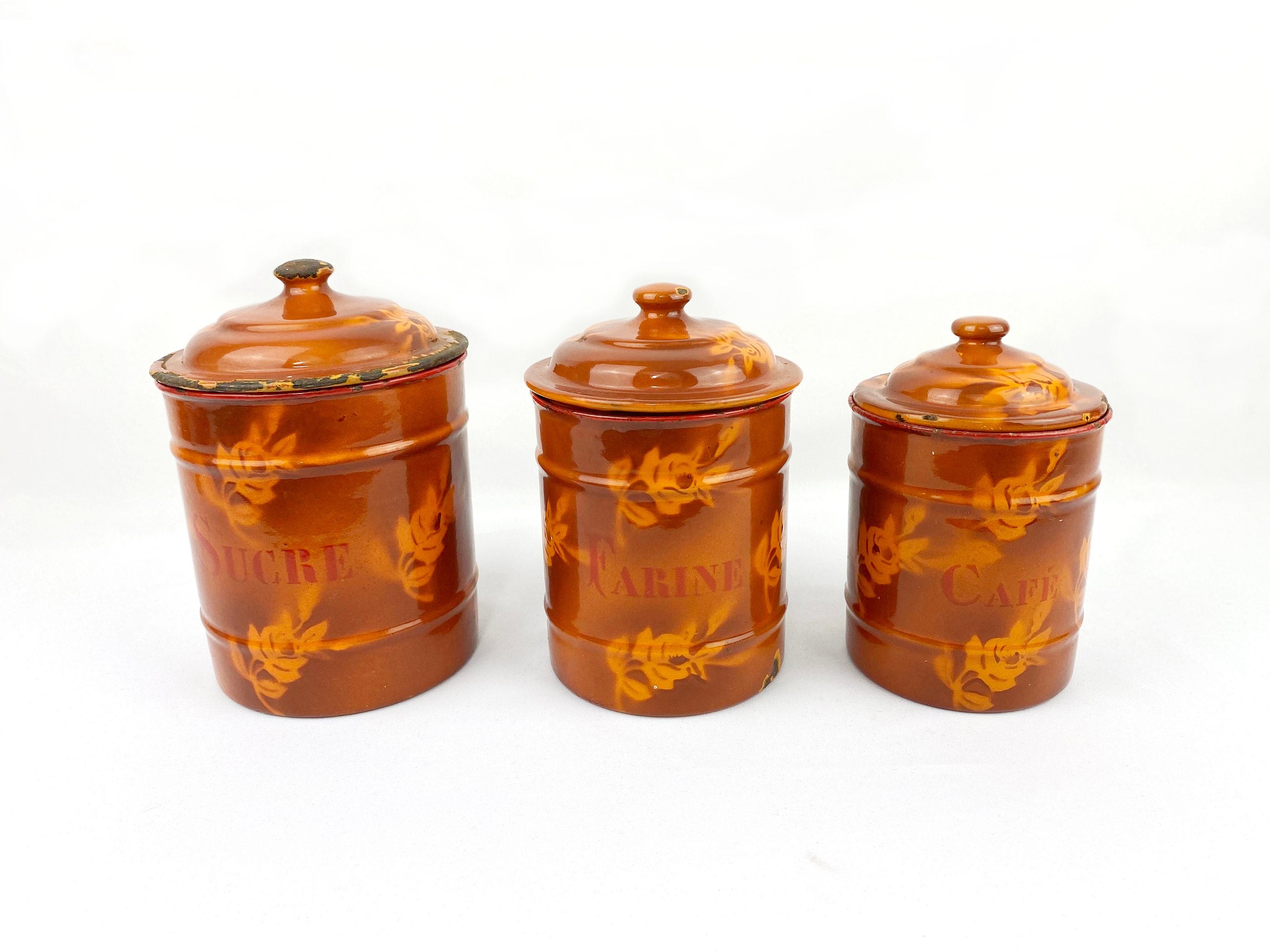 3 Vintage Enamel Storage Jars French Floral Kitchen Etsy