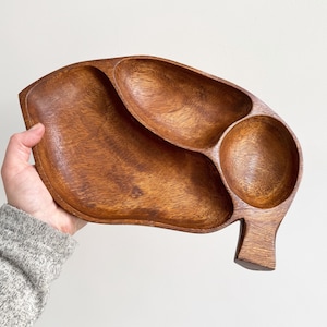 Solid teak Mid Century serving tray leaf shape