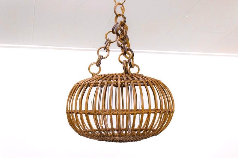 Mid Century Rattan Hanging Lamp, Lampshade, Vintage, Franco Albini