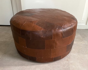 RESERVIERT - Großer Vintage brauner Patchwork Leder Pouf / Sitzbank