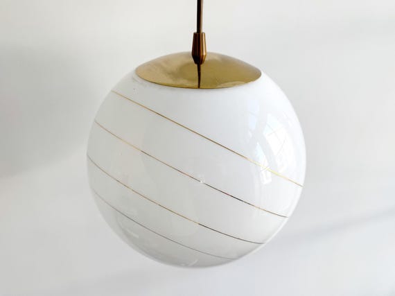 Vintage milk glass globe hanging lamp with golden stripes