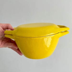 May include: A vibrant yellow cast iron pot with a lid. The pot has two side handles and a rounded shape. The lid fits securely on top. The pot is held by a hand, indicating its size. A kitchenware item, likely for cooking. The pot is approximately 20 cm in diameter.