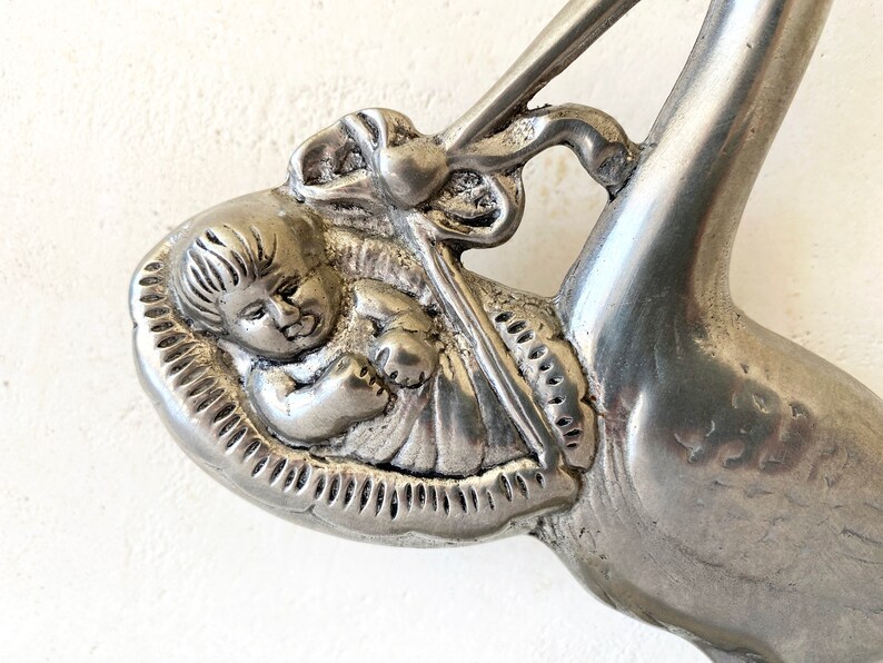 Vintage Silver-plated Stork with baby Statue Figurine Baby gift