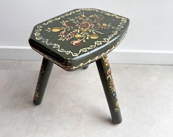 Vintage folk art wooden milk stool / side table - dark green