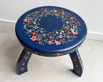 Vintage blue folk art wooden milk stool / side table