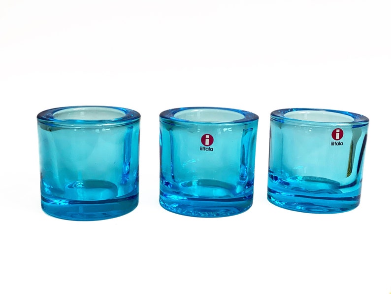 Set of 3 Light Blue Kivi Iittala Marimekko Kivi Tealight Holders, Scandinavian Design, Finland, Glass Candle Holder, Votive image 2