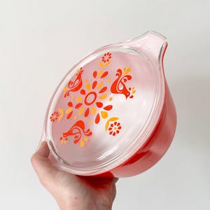 Vintage Pyrex Friendship lidded casserole red with clear bird lid - 474-B