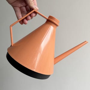Puede incluir: Una regadera cónica de color melocotón con una base circular negra. La regadera presenta un pico largo y delgado que se extiende desde el lateral y un asa angular unida a la parte superior y al lateral del cuerpo principal, hecha de plástico.