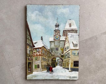Vintage signed oil painting on board of German city Rothenburg ob der Tauber