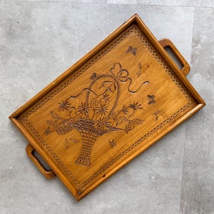 Vintage hand carved cut wooden tray - rectangular shape